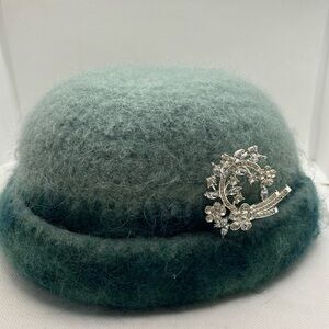 Stunning Handmade Sea Foam and Kelly Green Hat With Antique Brooch